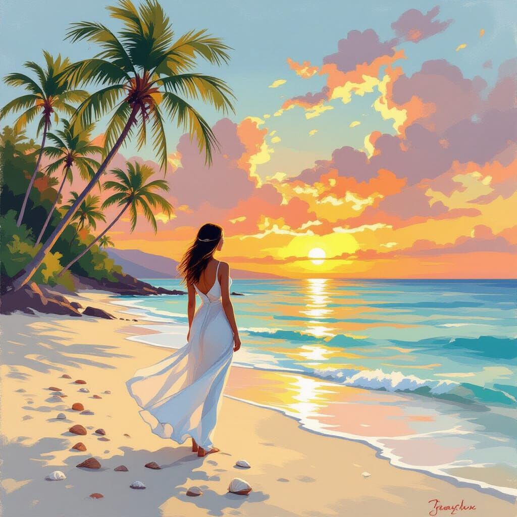 Serene Woman on Tropical Beach at Sunrise, Impressionist Sty...