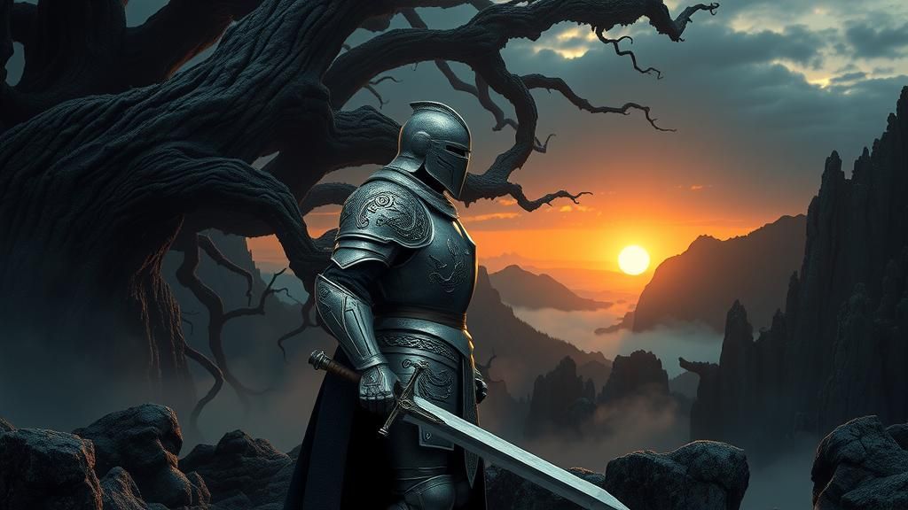 Heroic Knight in Dark Forest, Hyper-Realistic Style