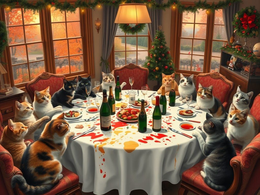 Cozy Cats Clear Holiday Feast in Whimsical Winter Wonderland