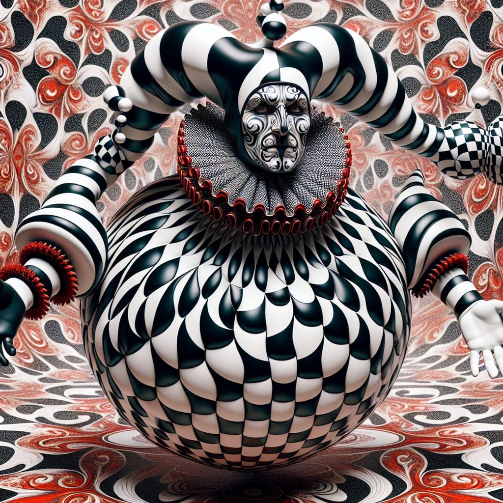 Baroque Jester Optical Illusion in Red and White