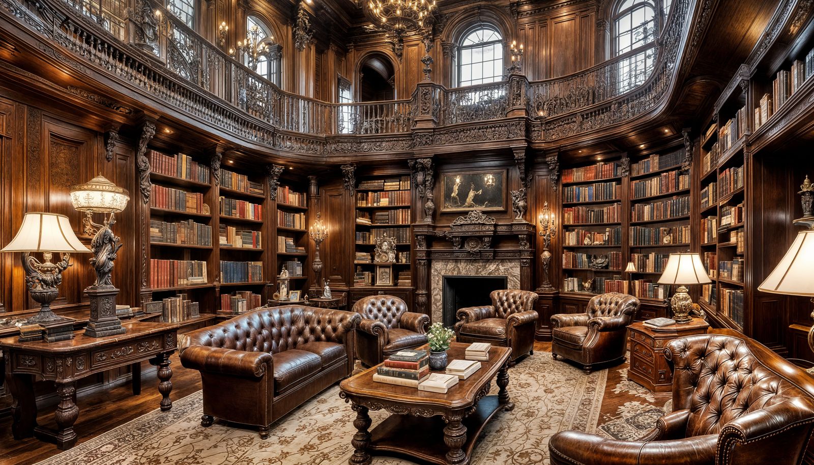 Dark Academia Chateau Library with Marble Fireplace