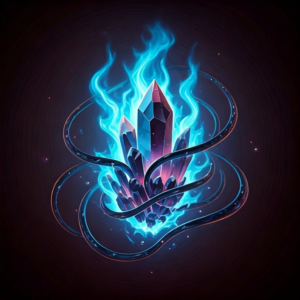 Mystical Crystal Formation with Blue Flames and Magic Glass