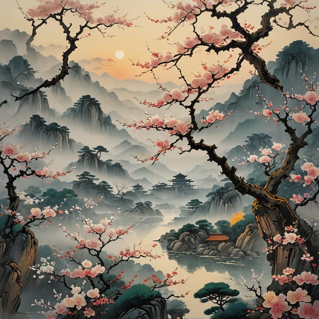 Twilight Field with Flowers, Chinese Landscape Painting