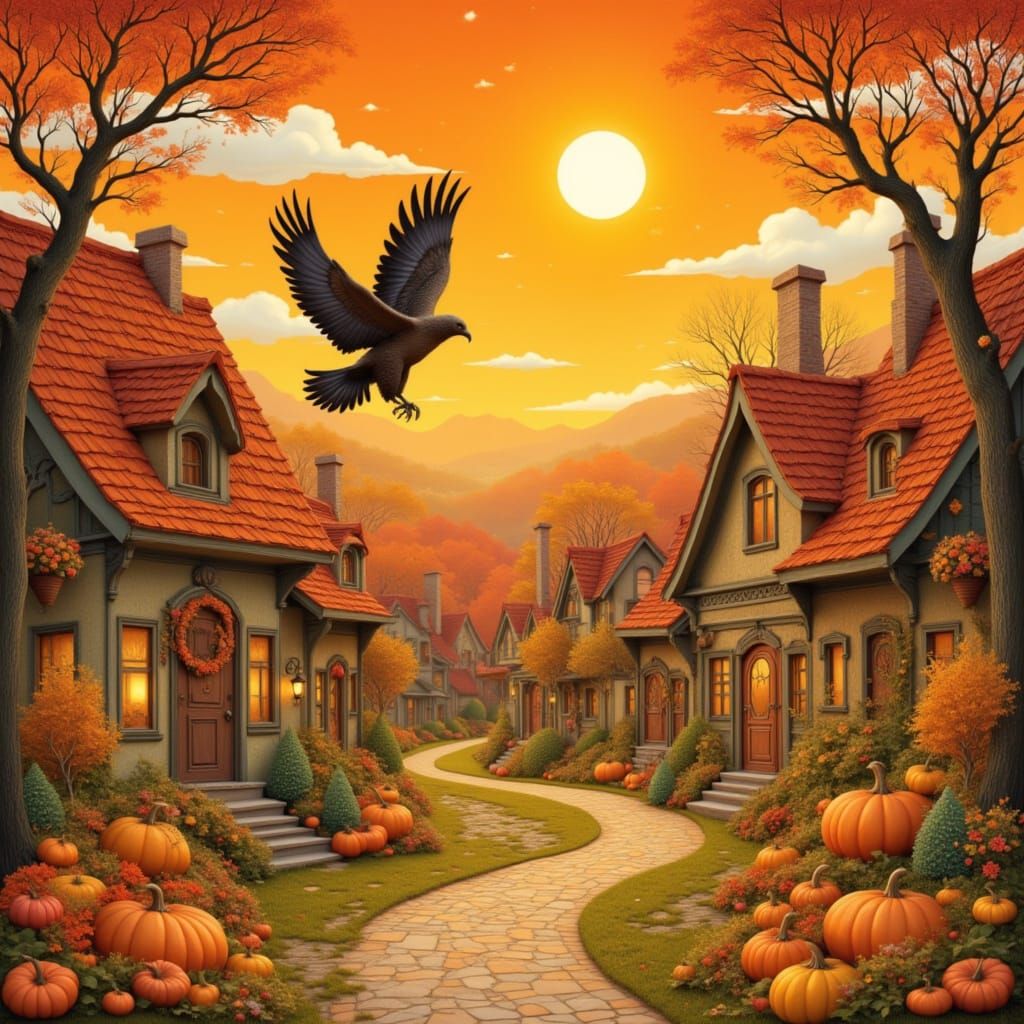 Whimsical Autumn Village Digital Painting