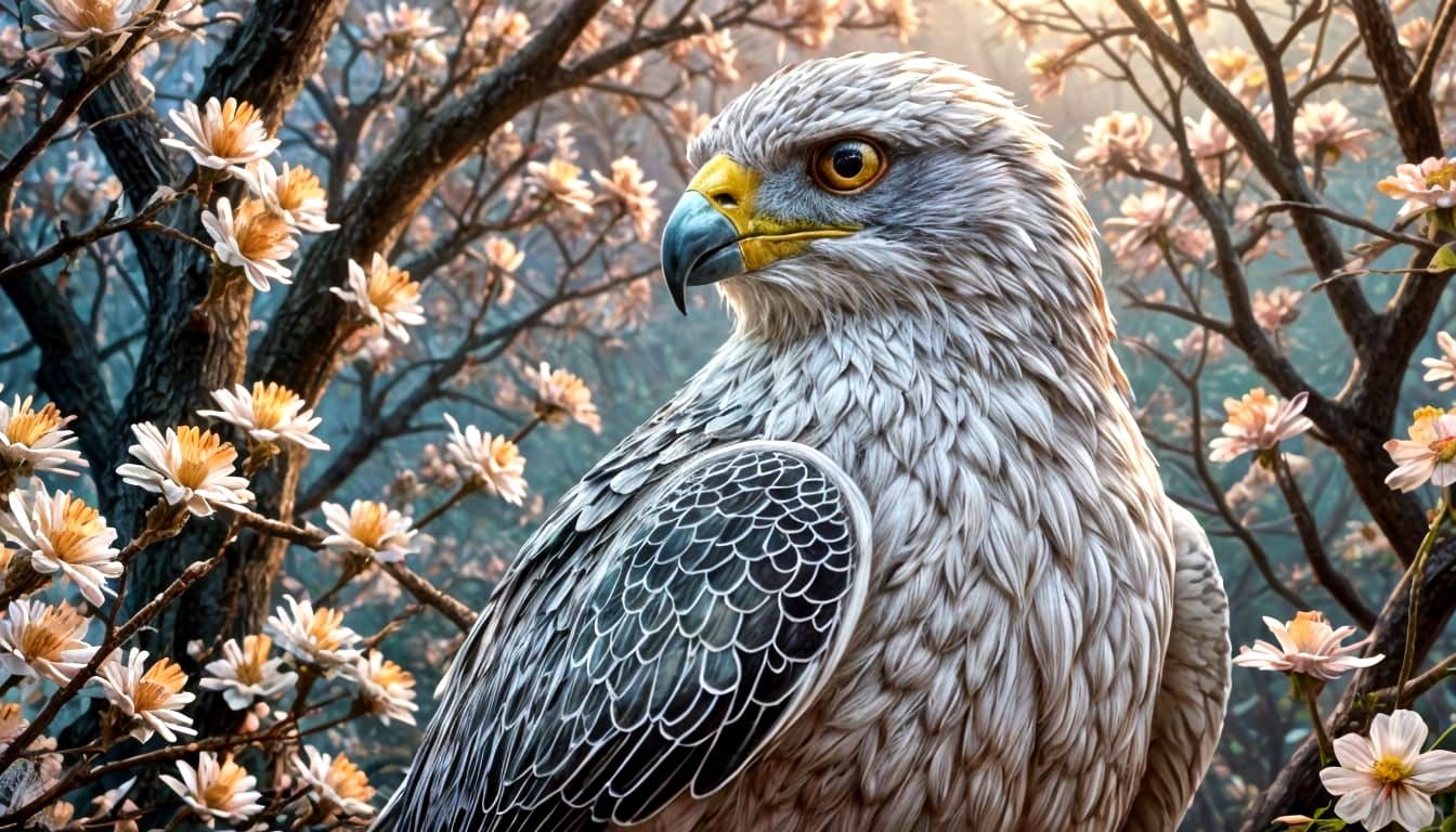 Gyrfalcon with Blossoms in Romantic Style