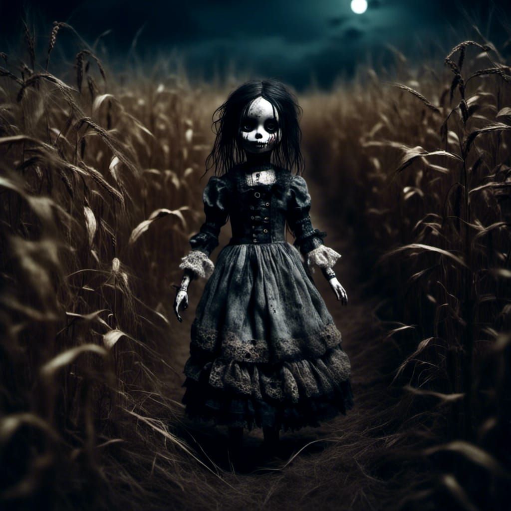 Eerie Doll Running Through Cornfield at Night