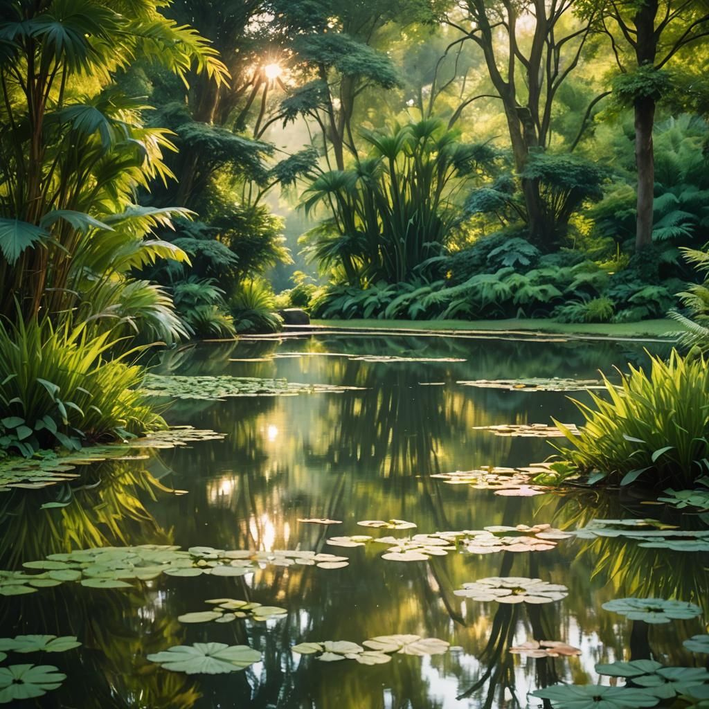 Impressionistic Botanic Garden with Water Reflections