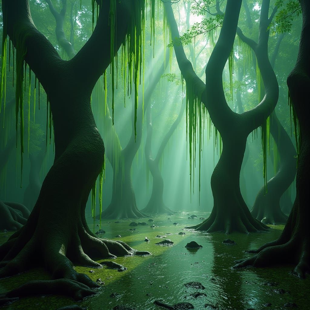Snot jungle. A dense tangle of twisted tree trunks in a swam...