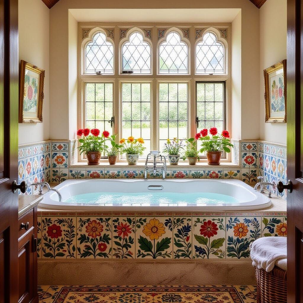 Luxurious Bathroom with Floral Window in Illustrative Style