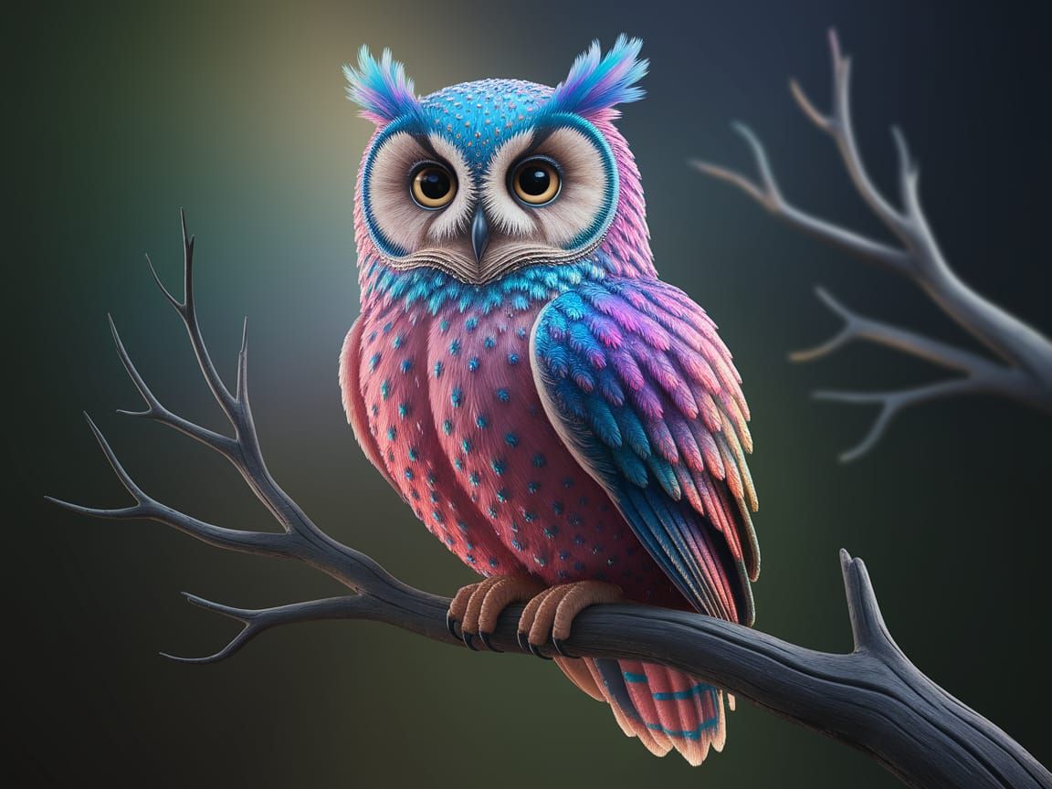 Whimsical Fantasy Owl Perched on Branch
