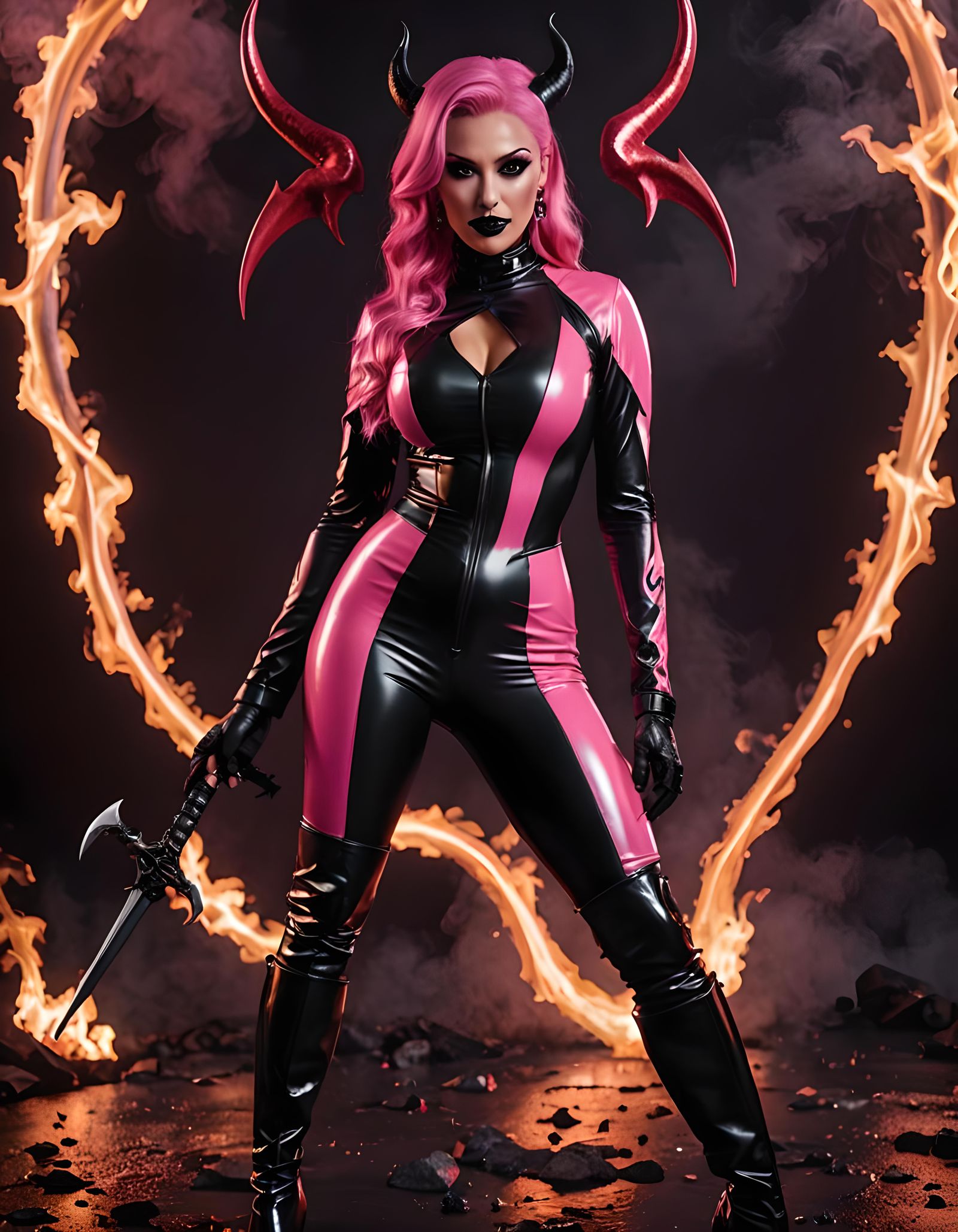 Fiery Devil in Latex and Boots