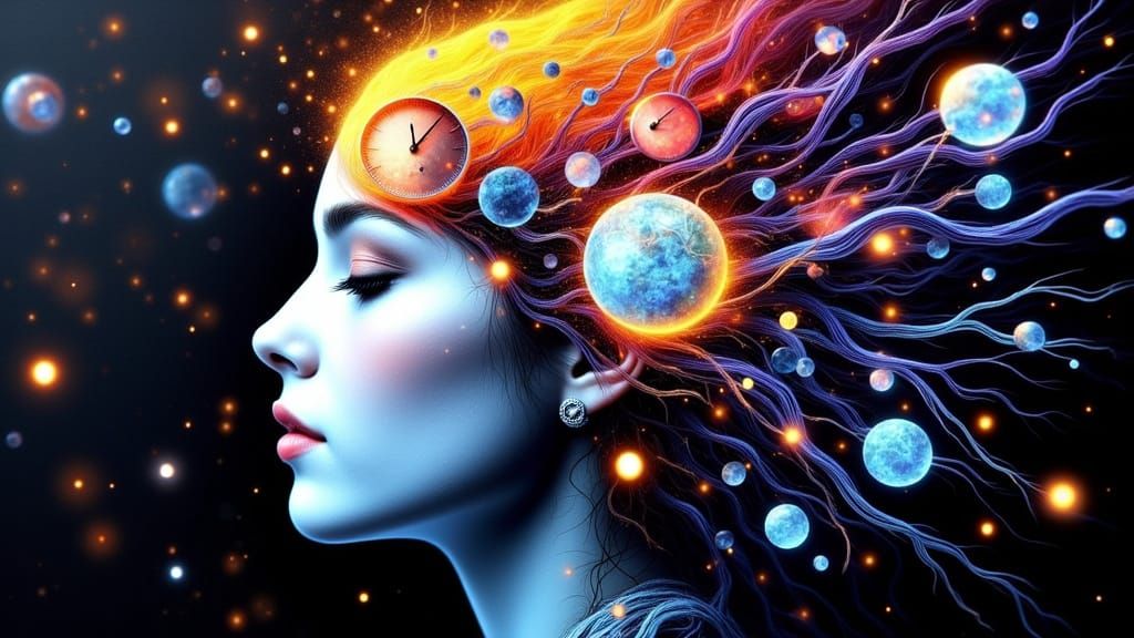 Woman's Head as Temporal Vortex in Surrealist Style