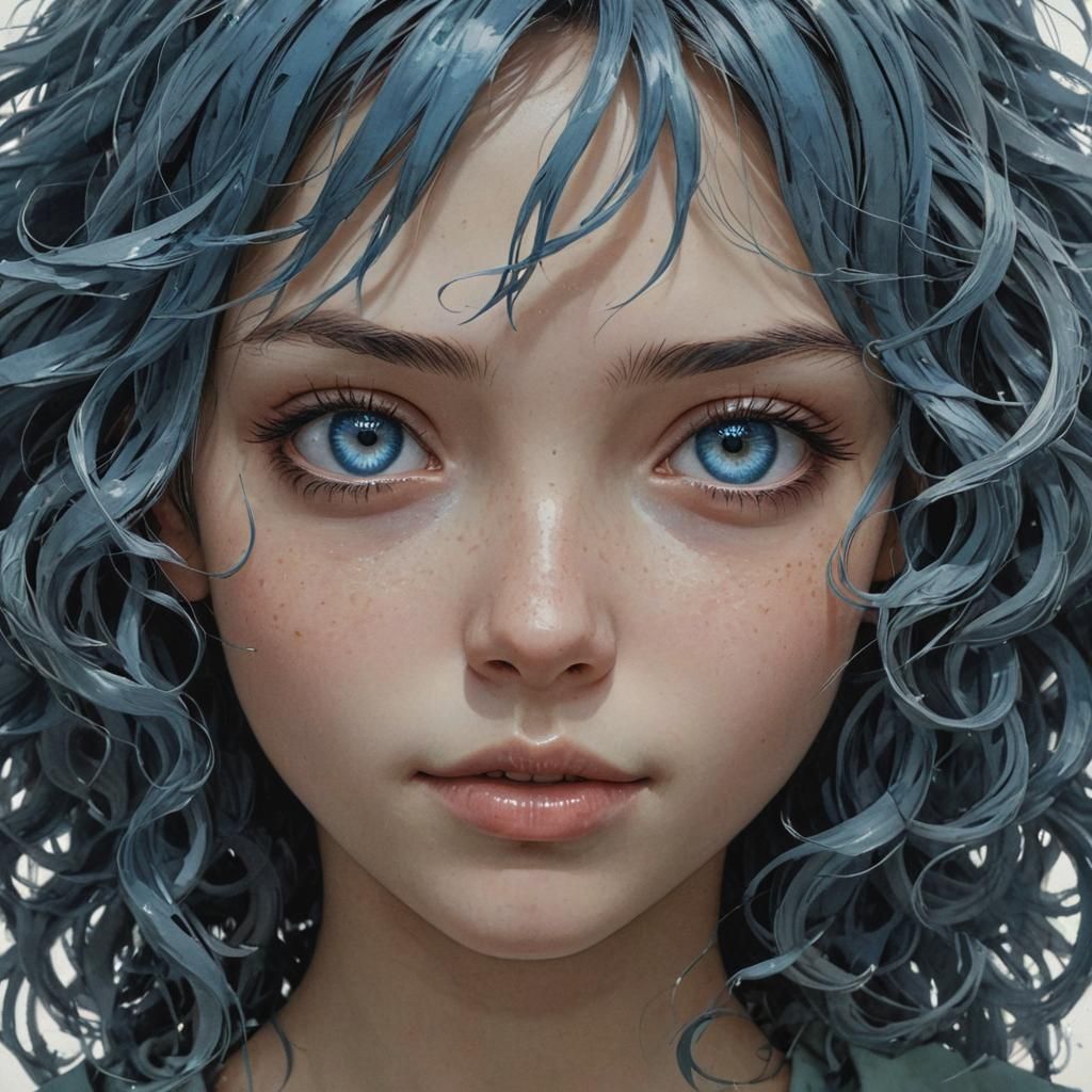 Blue-Haired Woman Portrait in Anime Watercolor Style