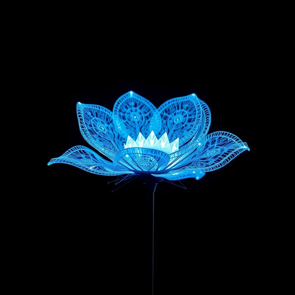 A 3D render of a futuristic electronic flower. The flower has a black stem and petals made of glowing blue electronic ci...