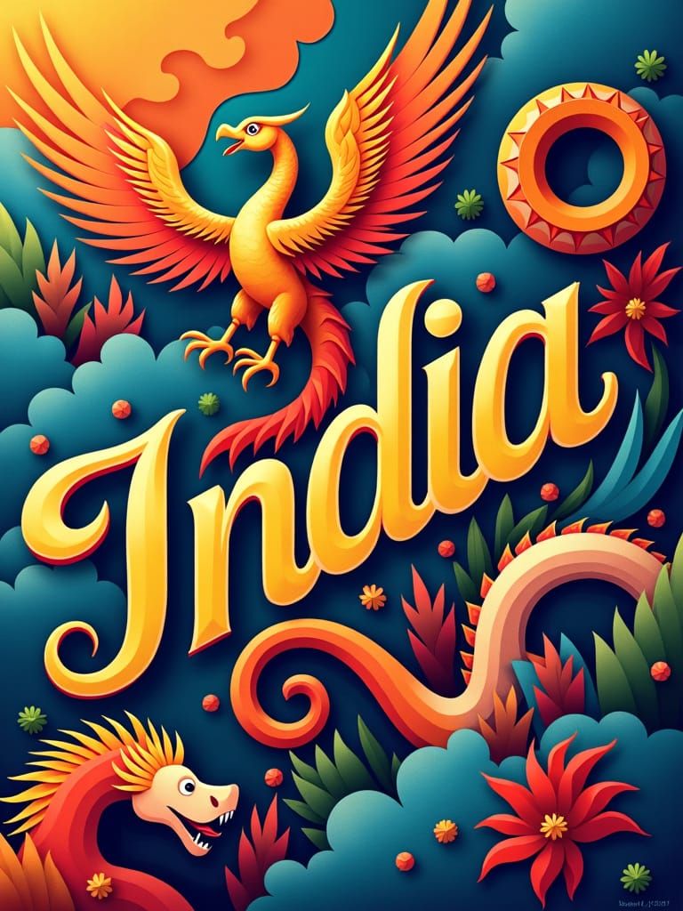 Indian Architecture and Mythical Creatures in Cubist Style