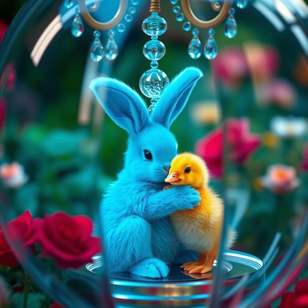 Glass Dome with Bunny and Chandelier in Macro