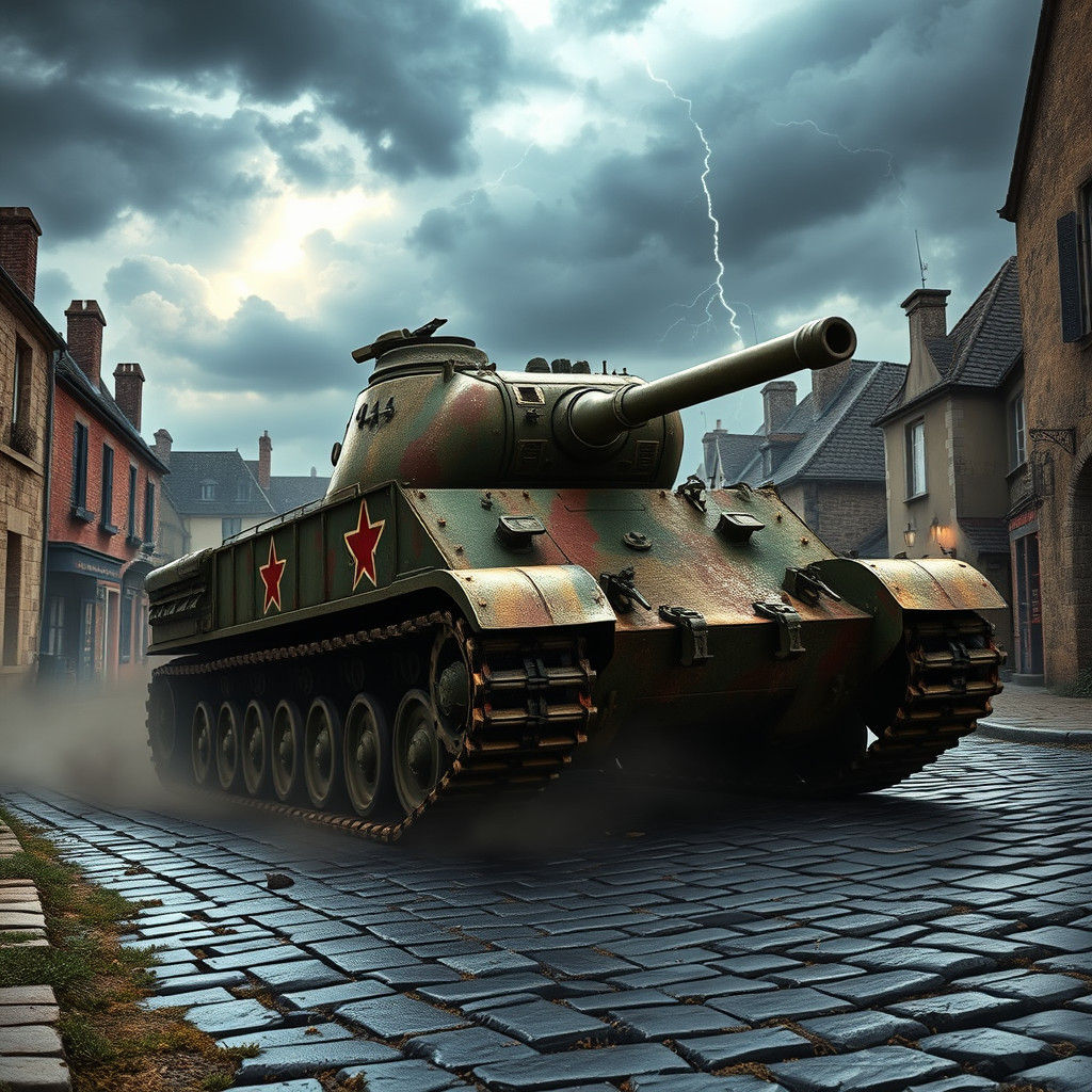 Sherman Tank in Stormy Normandy Town