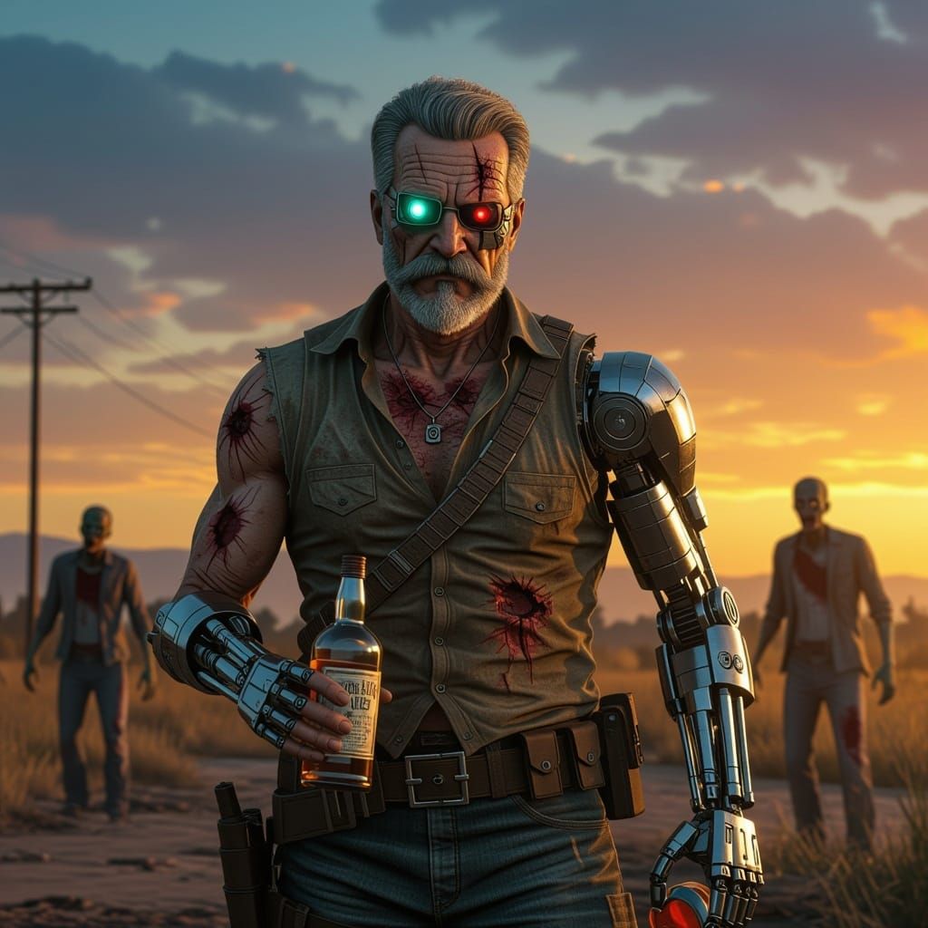 Muscular Cop with Robotic Arm Fights Zombies