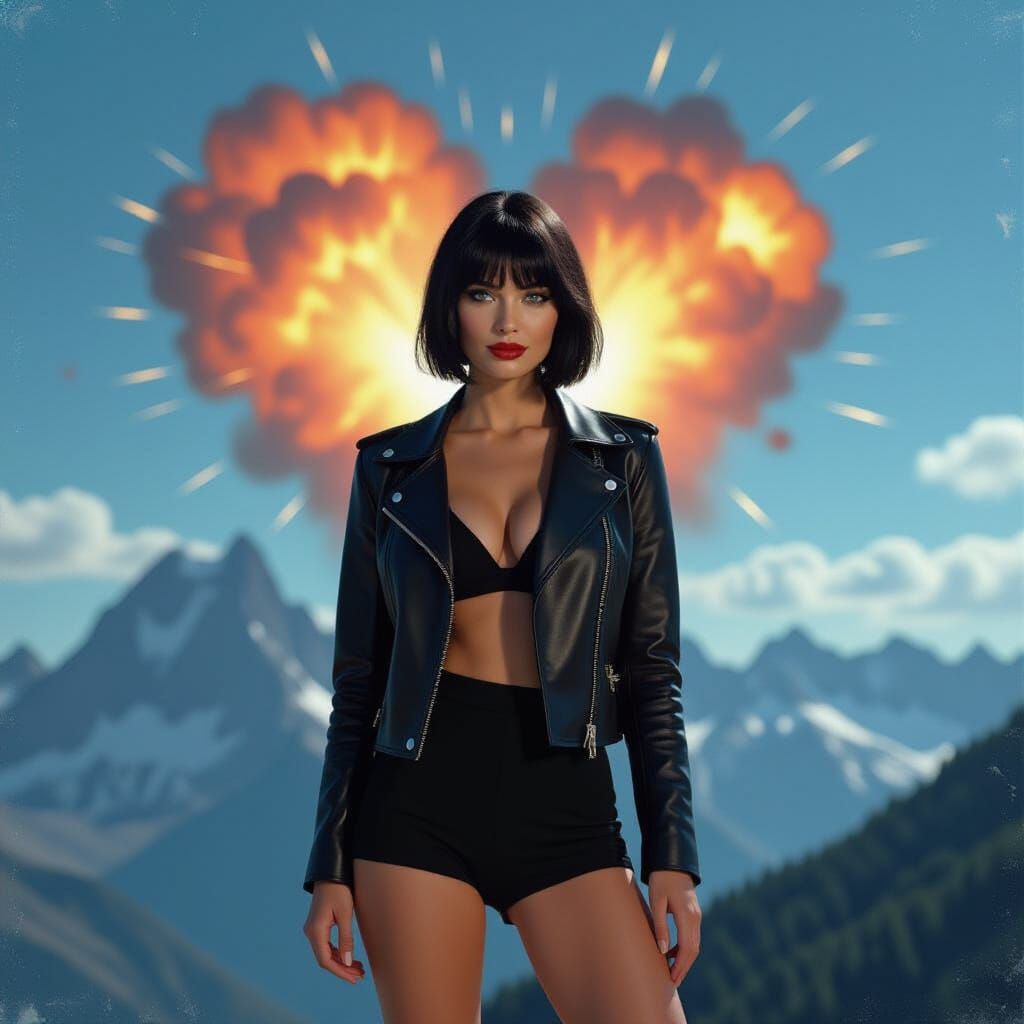 Woman on Mountain with Heart-Shaped Explosion