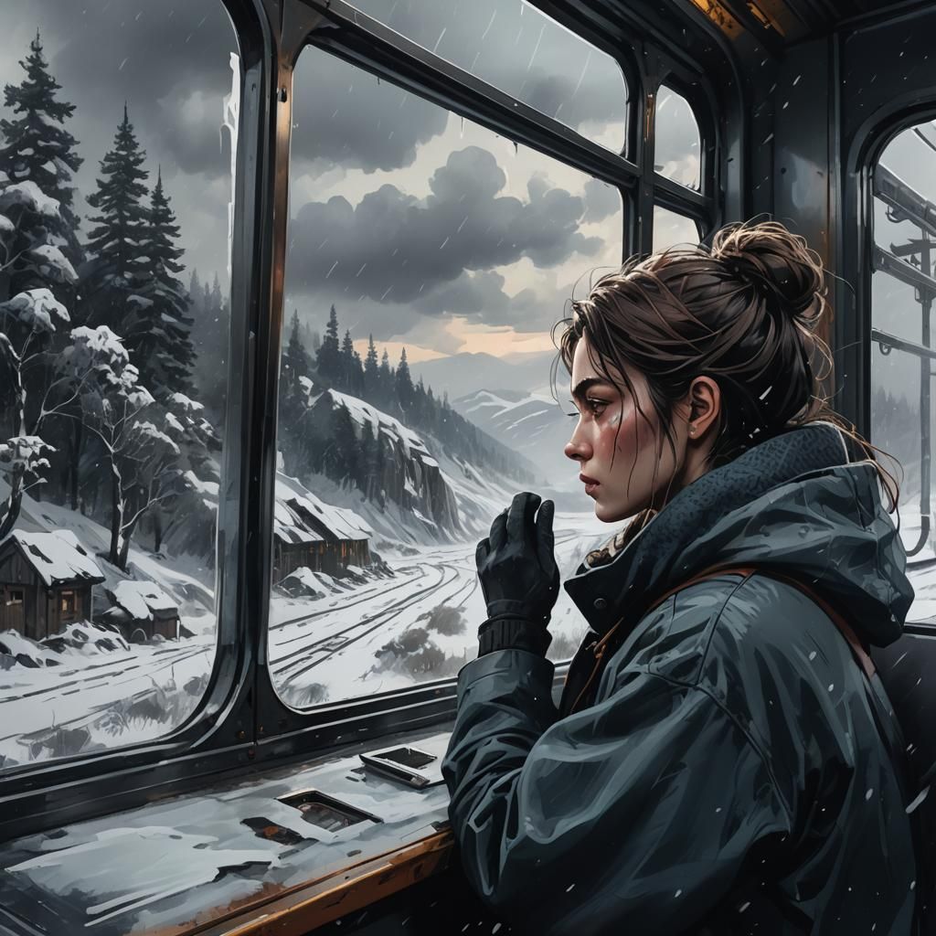 Sad Girl Views Winter Landscape: Detailed Matte Painting