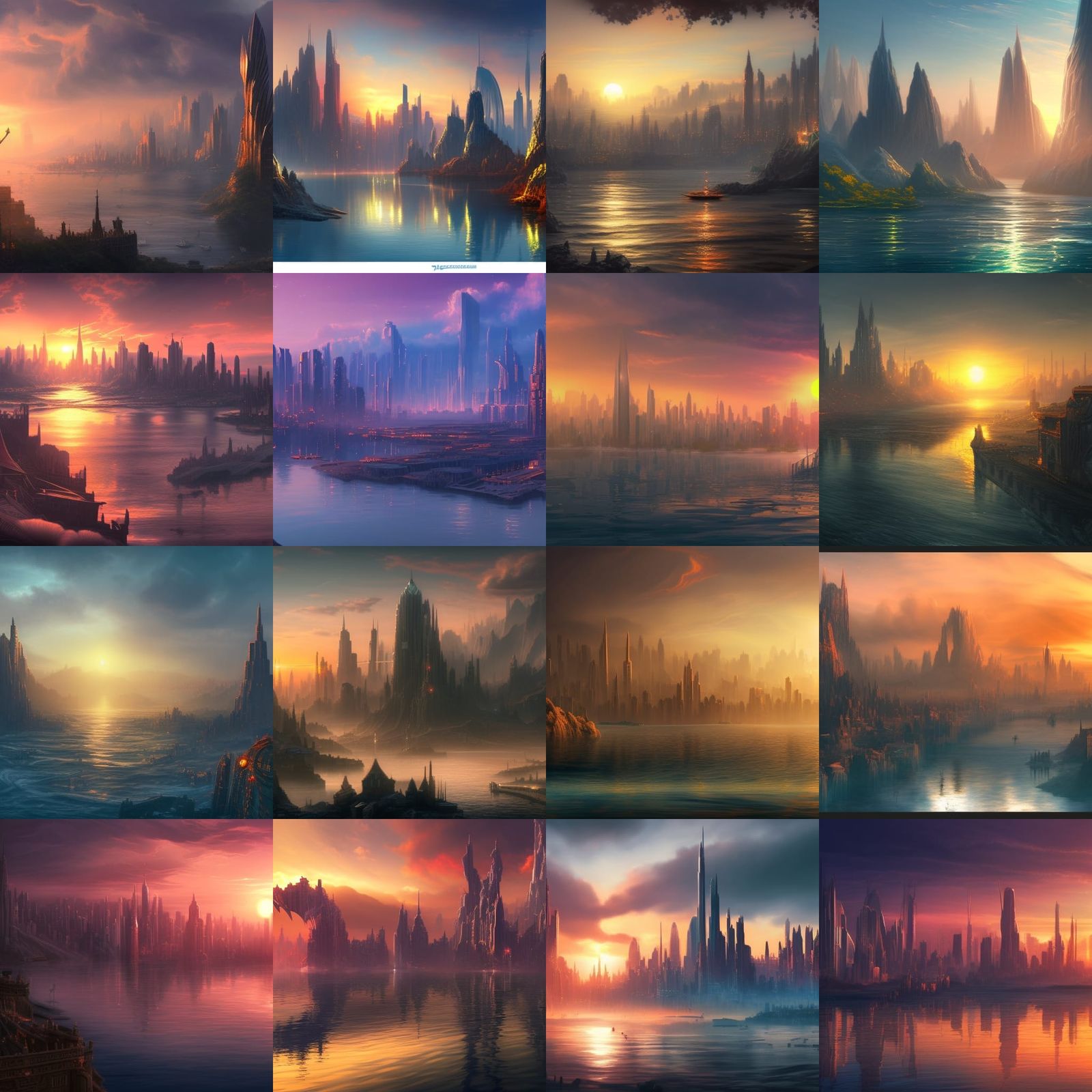 City Skyline Sunset: Detailed Matte Painting in Deep Color
