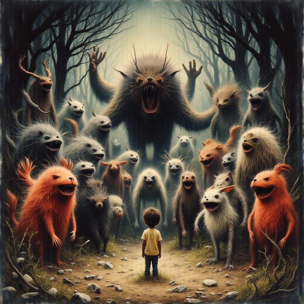 Evil Wild Things Monsters in Ink Wash Clearing