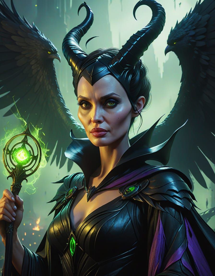 Winged Maleficent with Glowing Staff in Dark Fantasy