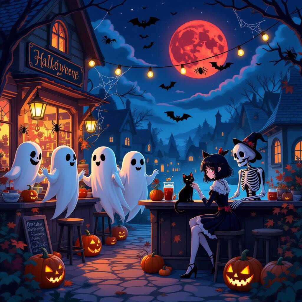 Halloween Cafe with Ghost Patrons and Blood Moon