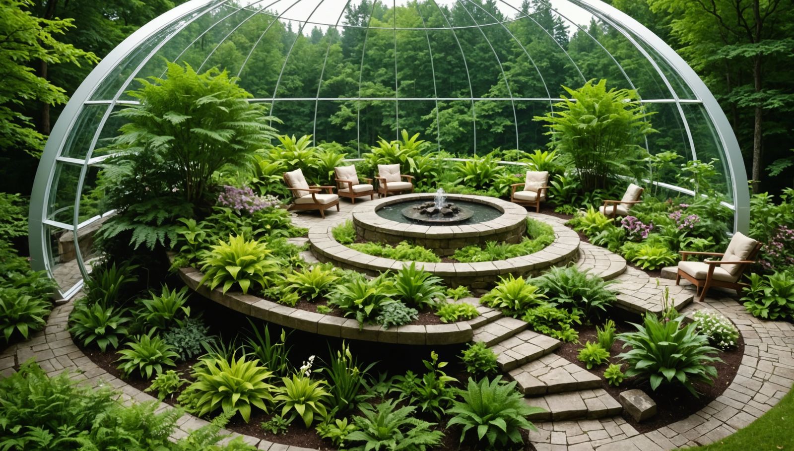 Lush Garden Amphitheater Inside a Technological Dome