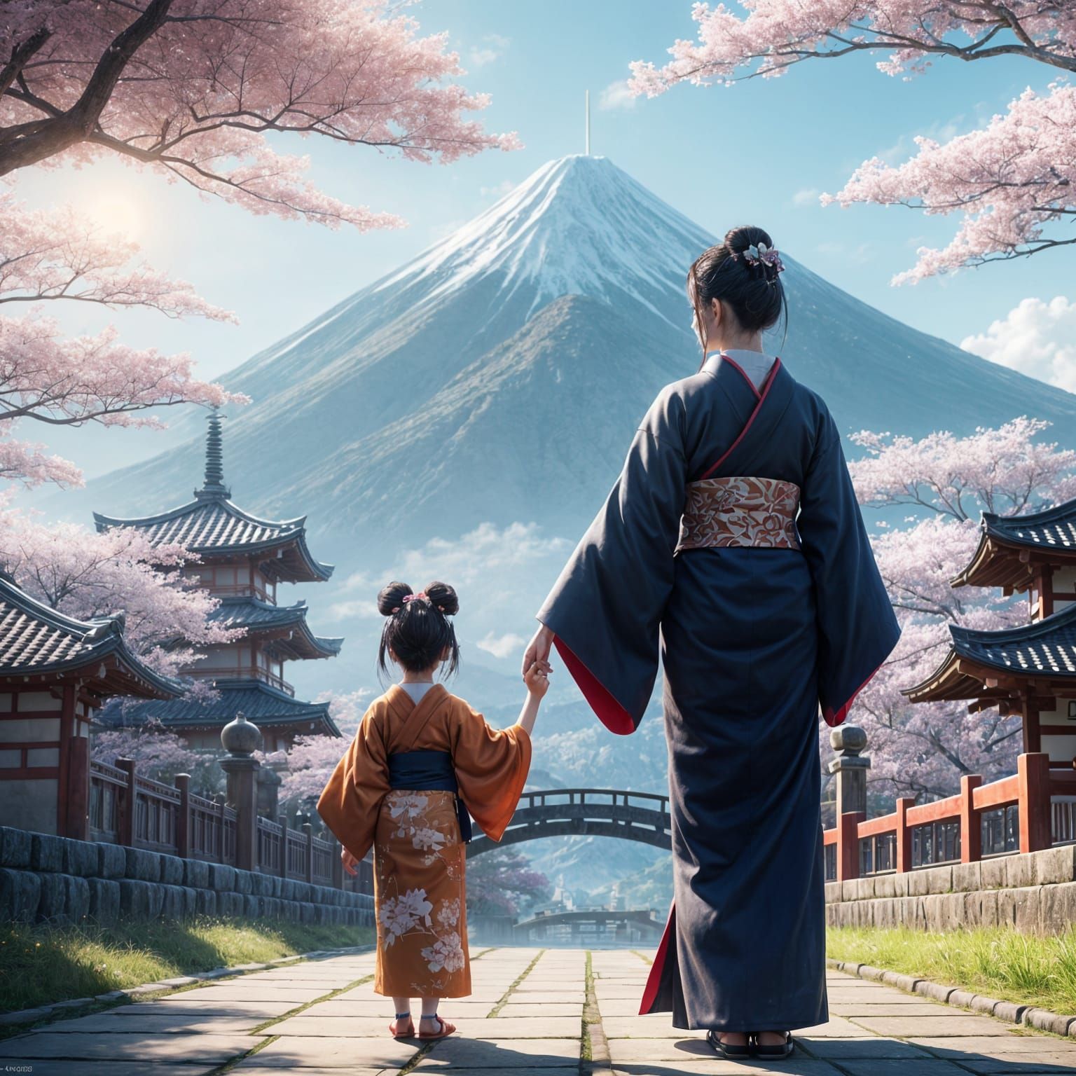 Majestic Geisha and Child Gaze Up at Temple-Clad Mountain