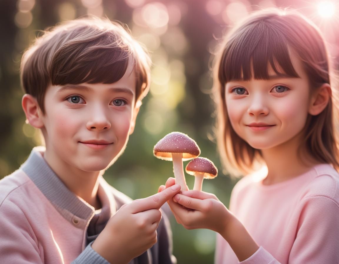 Boy Offers Mushroom to Fairy in Photorealistic Style