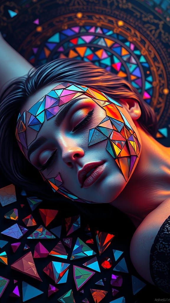 Hyperrealistic Woman Adorned with Shattered Stained Glass