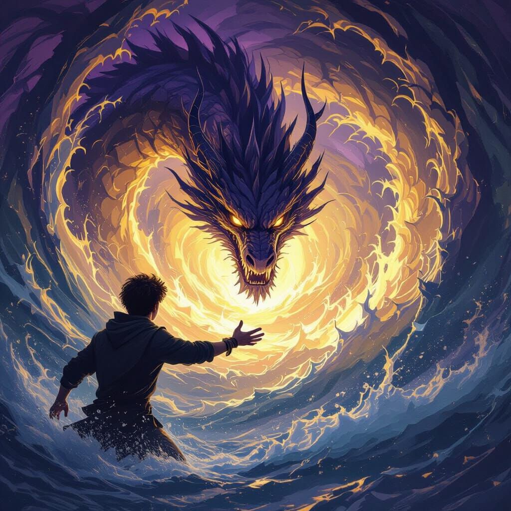 Dragon Tamer Facing Vortex in Dark Fantasy Style