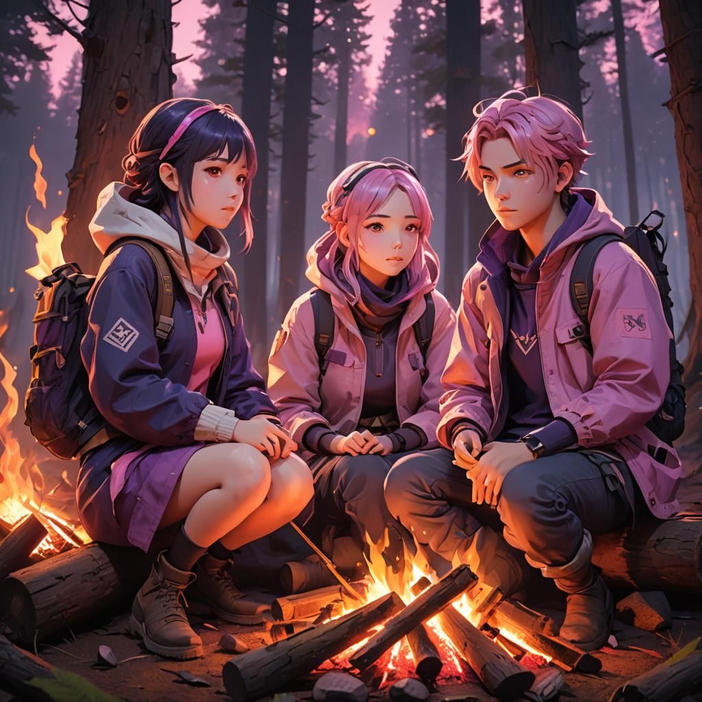 Vibrant 3D Anime Art of Campers in Forest