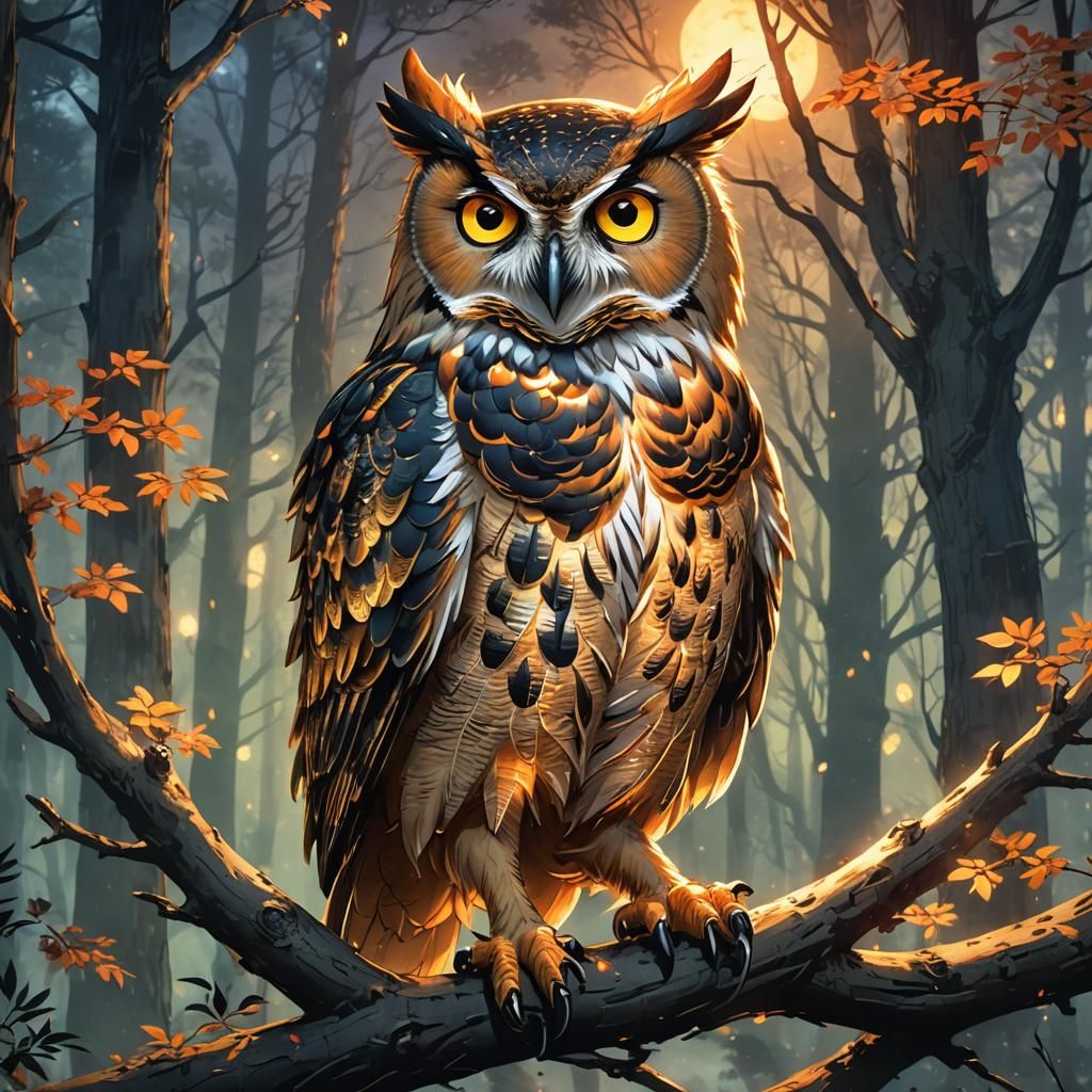 Anime Fire Owl in Mystical Forest