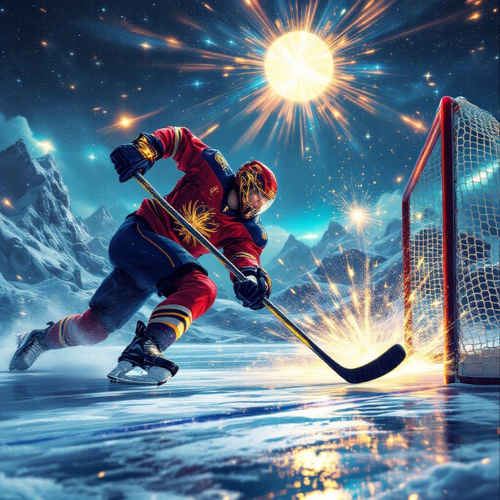 Spectacular Hockey Player Unleashes Slapshot in a Futuristic...