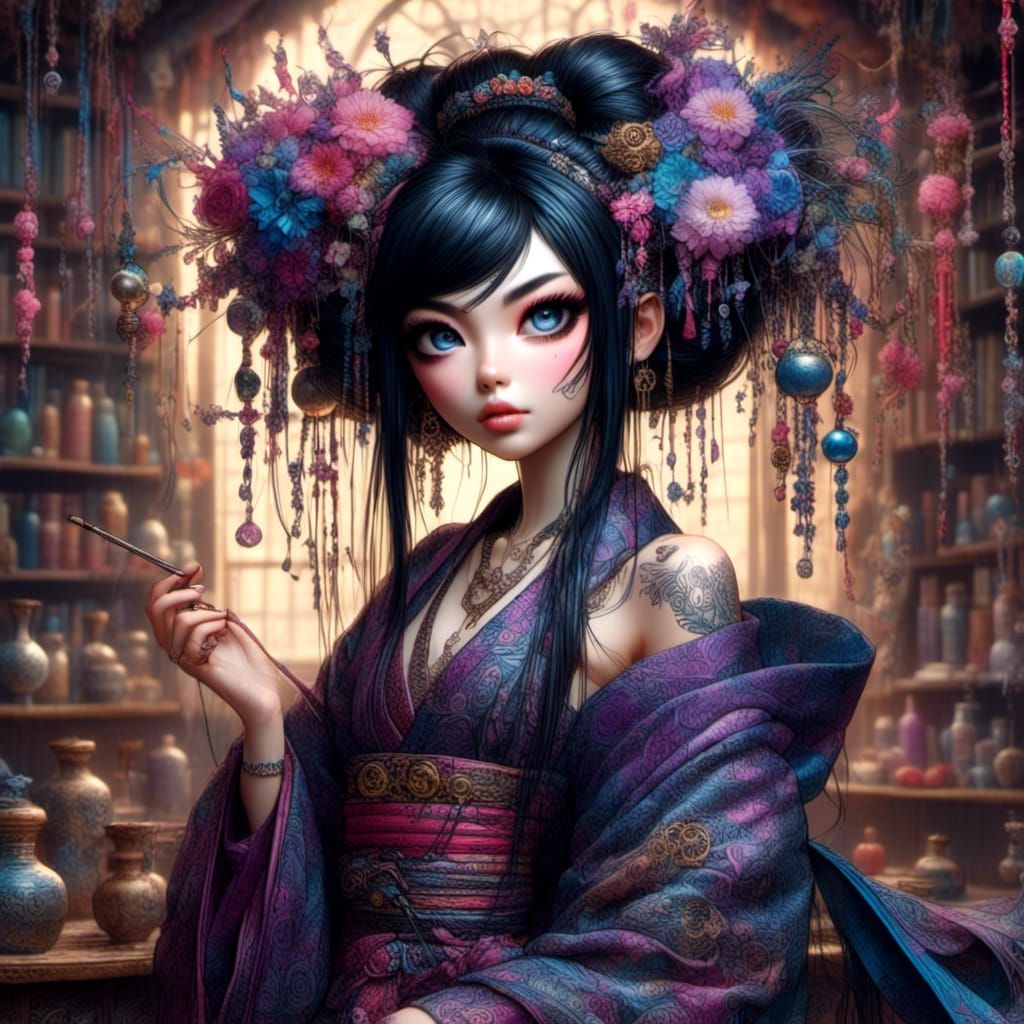 Alchemist Geisha with Bioluminescent Runes