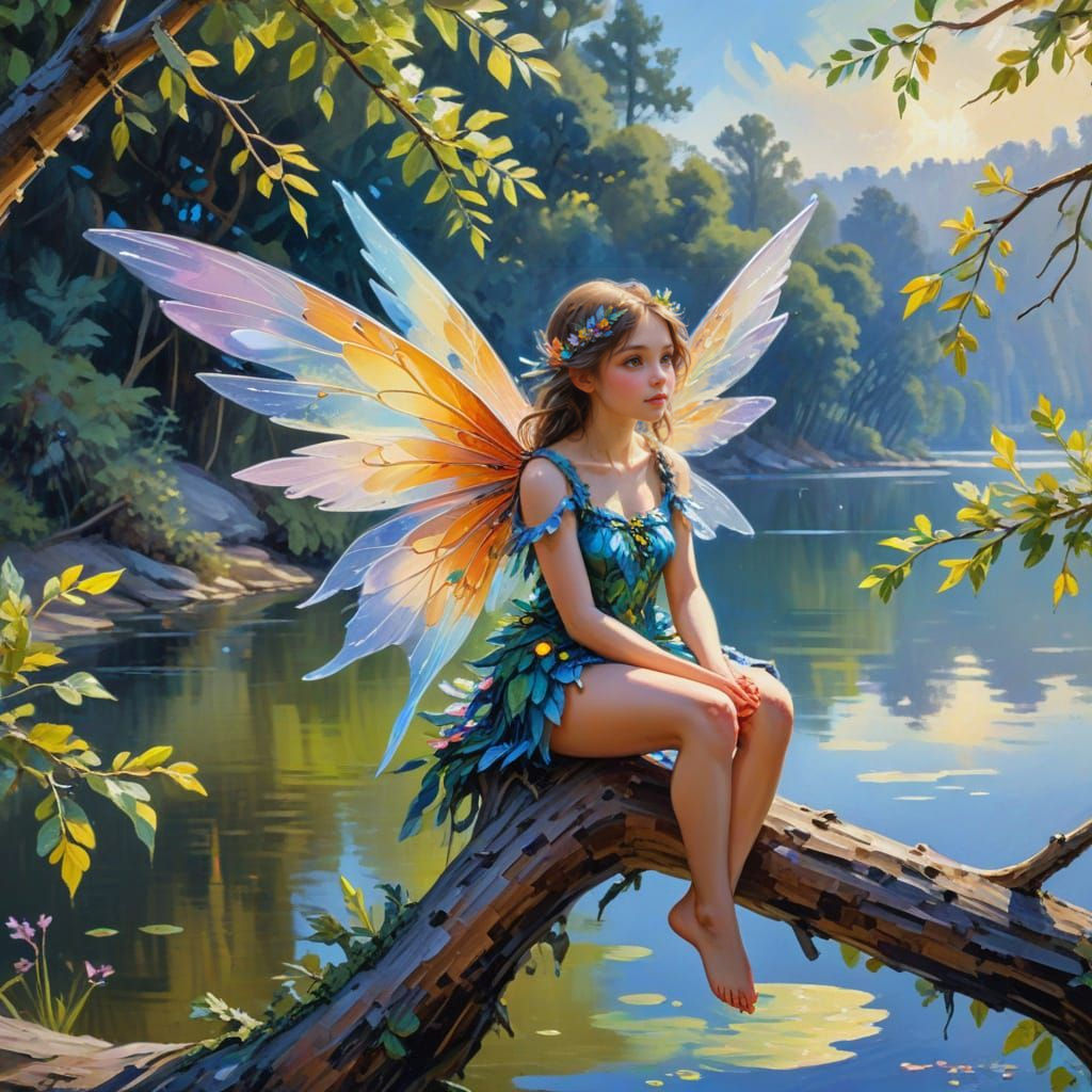 Vibrant Fairy Perched on Branch, Oil Painting in Gouache Sty...