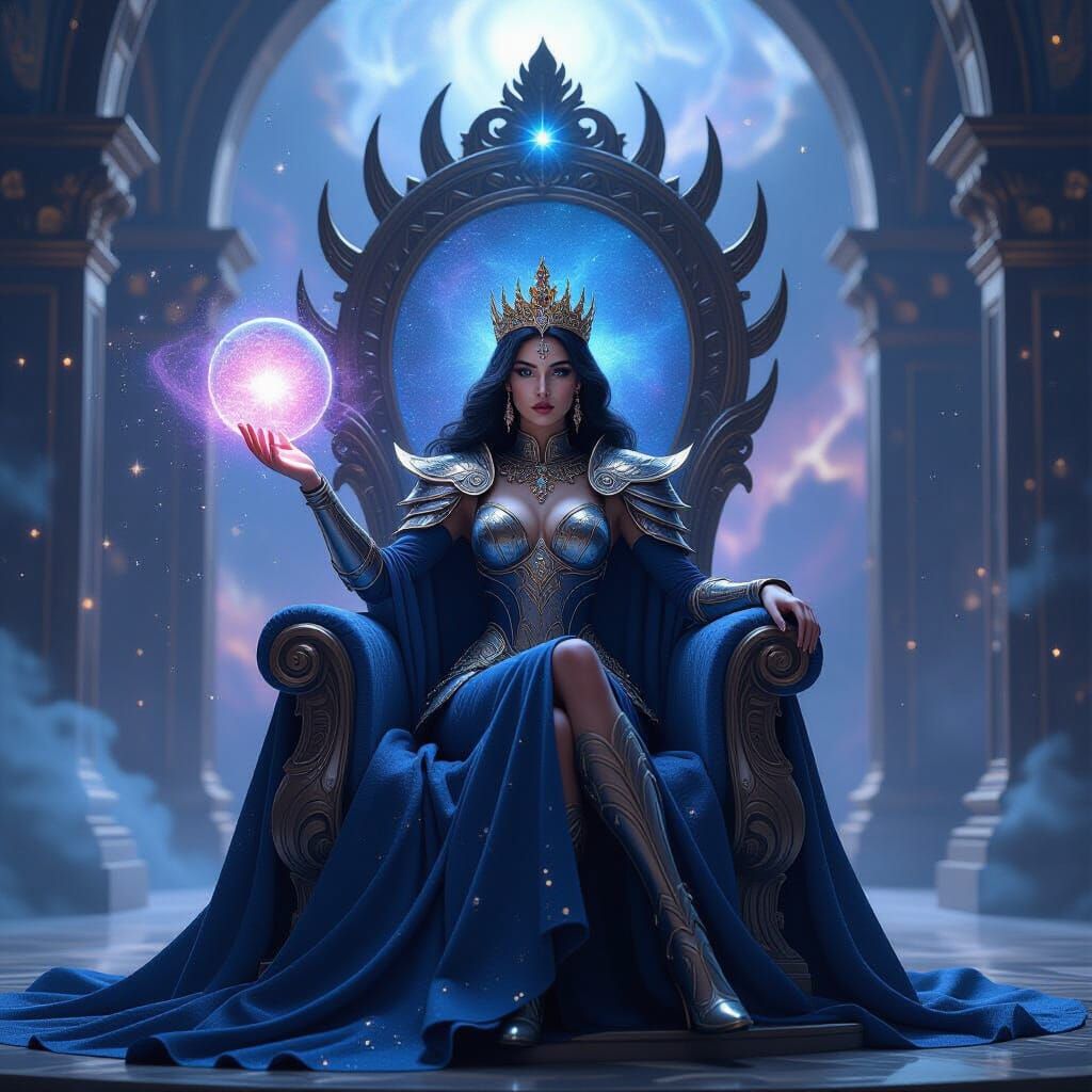 Celestial Queen on Nebula Throne in Hyperrealistic Fantasy S...