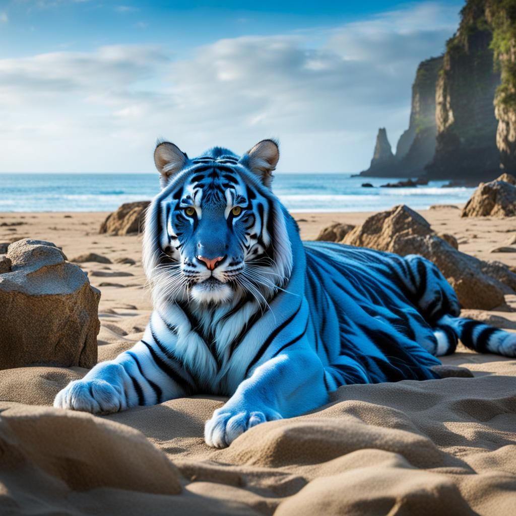 Blue Tiger Hunting on a Cliffside Beach