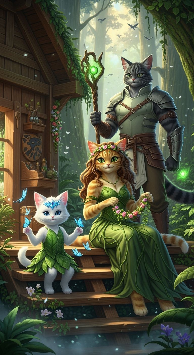Humanoid Cat Family in a Magical Jungle Home