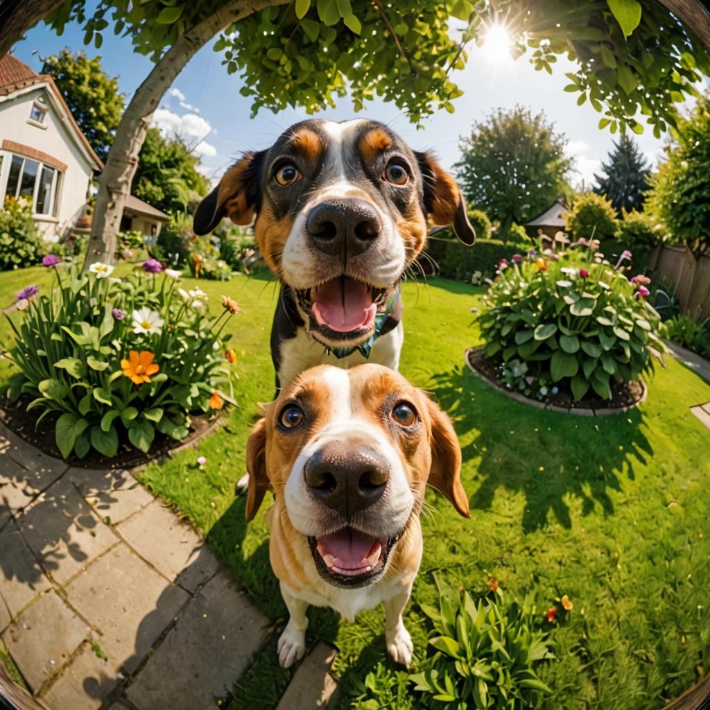Two Curious Dogs Licking a Fisheye Lens