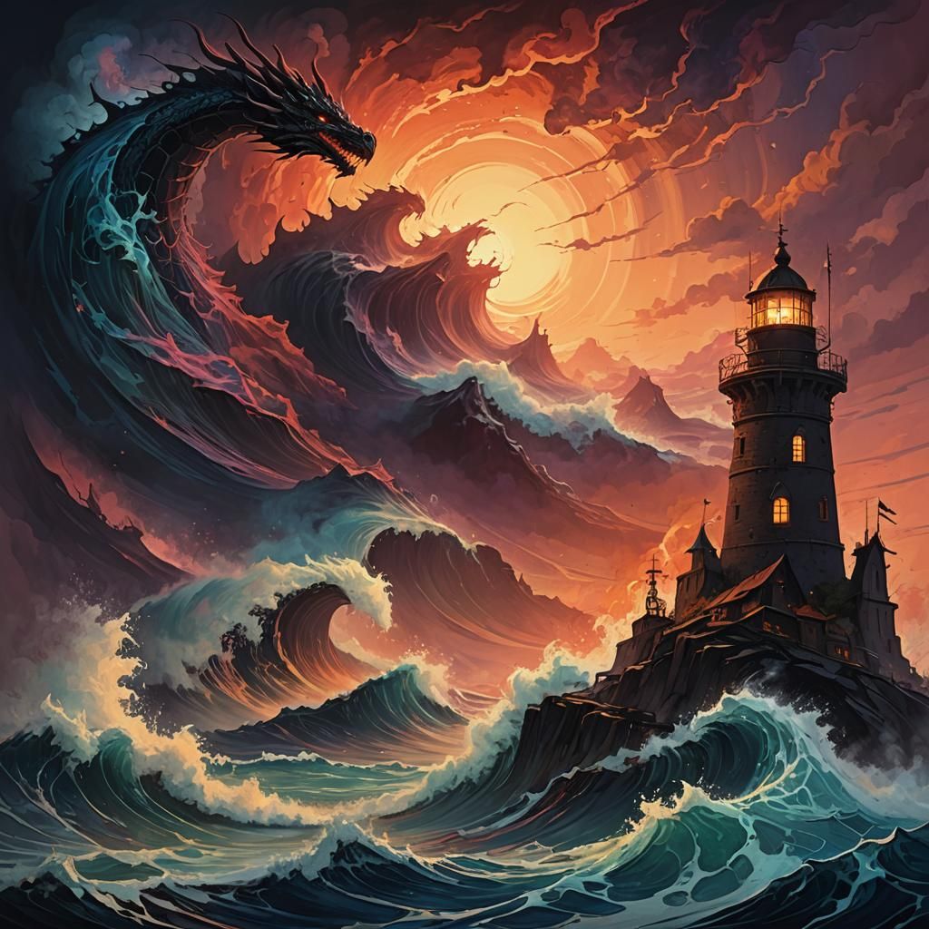 Dragon Wave Crashing Lighthouse: Fantasy Art
