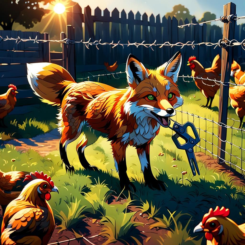 Fox Breaks Chicken Wire Fence in Digital Art