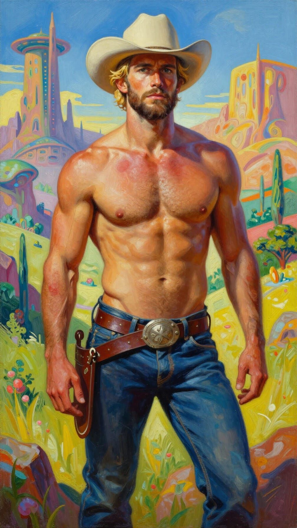 Surreal Sci-Fi Cowboy Oil Painting with Bold Textures