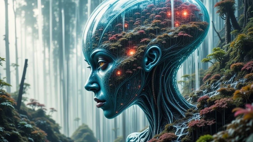 Ethereal Alien Woman Merging with Surreal Landscape