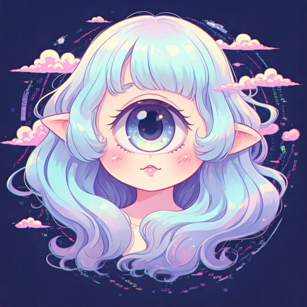Whimsical Cyclops Girl in Pastel Hues and Glitch Art