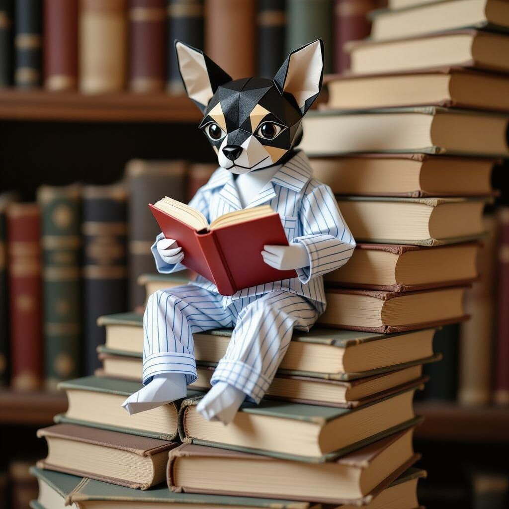 Origami Chihuahua Reads on Book Staircase: Victorian Sketch