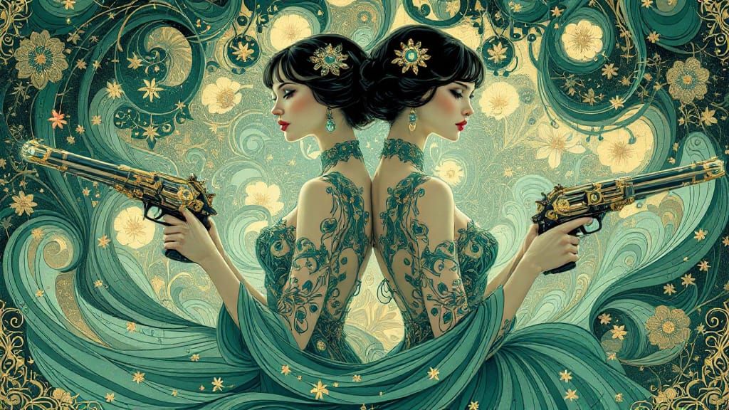 Art Nouveau Women with Ornate Pistols