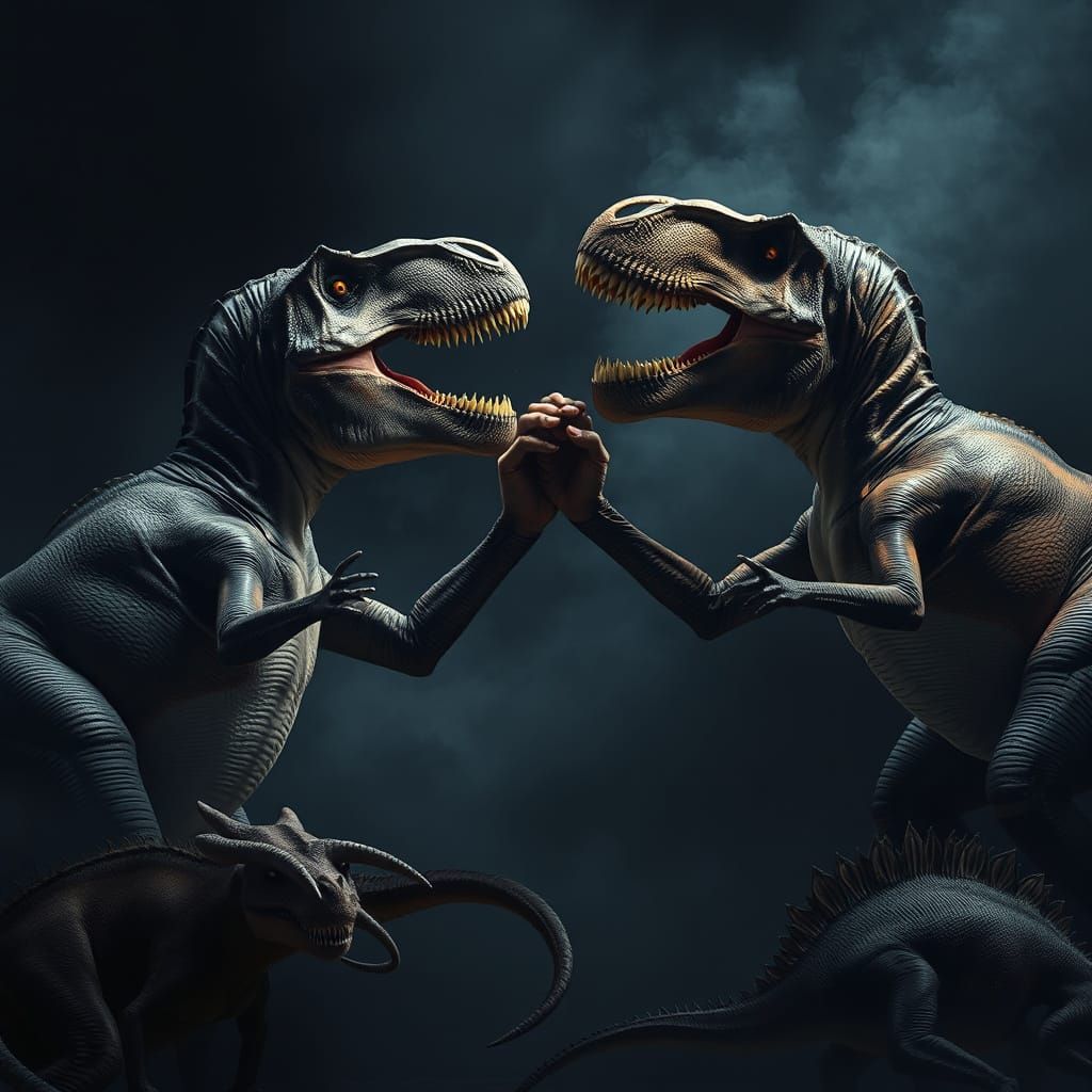 T-Rex Arm Wrestling in a Smoky, Prehistoric Arena